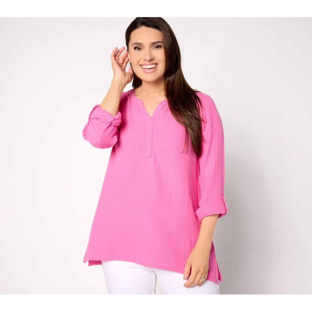 Susan Graver Women's Top Sz XL PURE Cotton Gauze Split-Neck Tunic Pink A647443